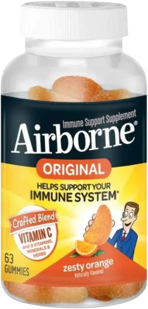 Airborne 750mg Vitamin C Gummies for Immune Support - Antioxidant Supplement with Vitamins C & E - 63 Zesty Orange Flavor Gummies