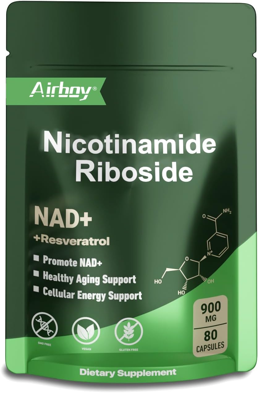 Airboy NAD Supplement 900mg with NR, Resveratrol, and Quercetin - Anti-Aging, Energy, Focus Support for Men and Women - 80 Capsules