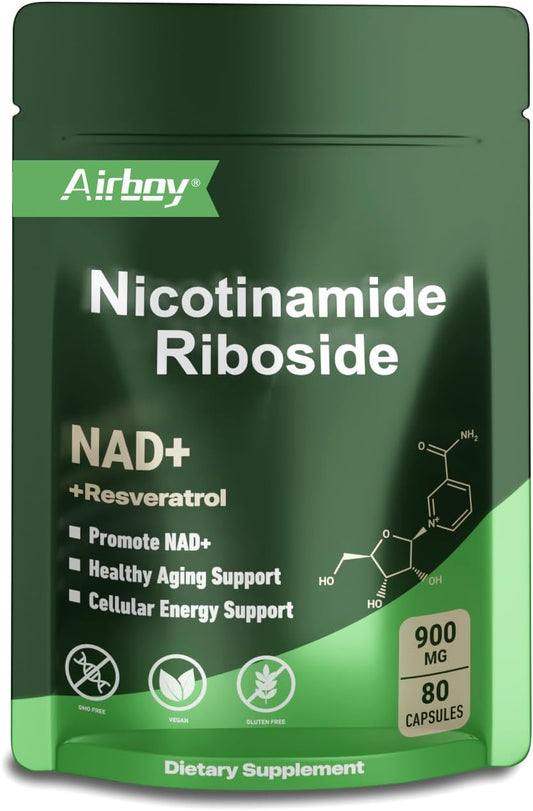 Airboy NAD Supplement 900mg with NR, Resveratrol, and Quercetin - Anti-Aging, Energy, Focus Support for Men and Women - 80 Capsules