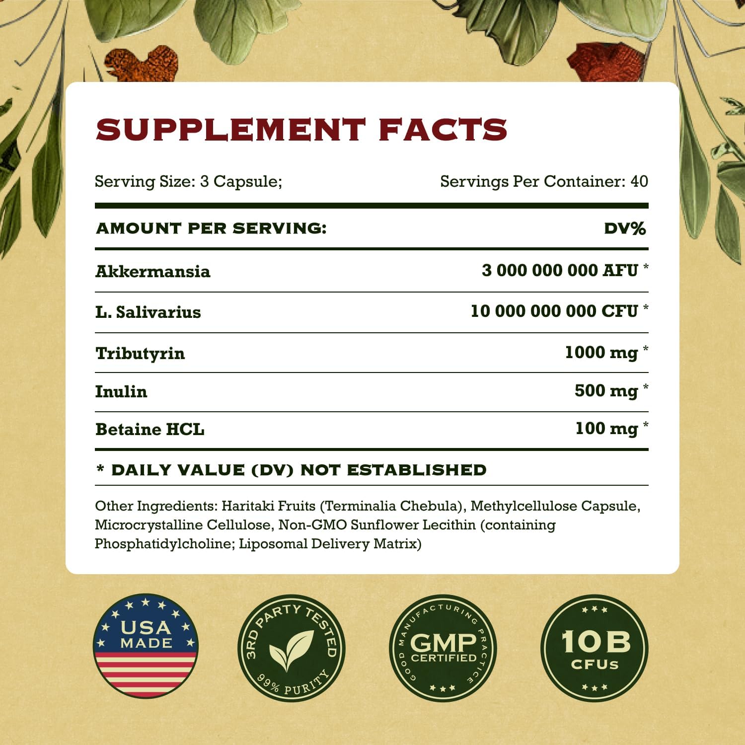 Akkermansia Probiotic Fiber Supplement - 10 Billion CFU GLP-1 Booster for Gut Health & Weight Management with Lactobacillus Salivarius, Betaine HCL, Haritaki, Inulin, and Tributyrin