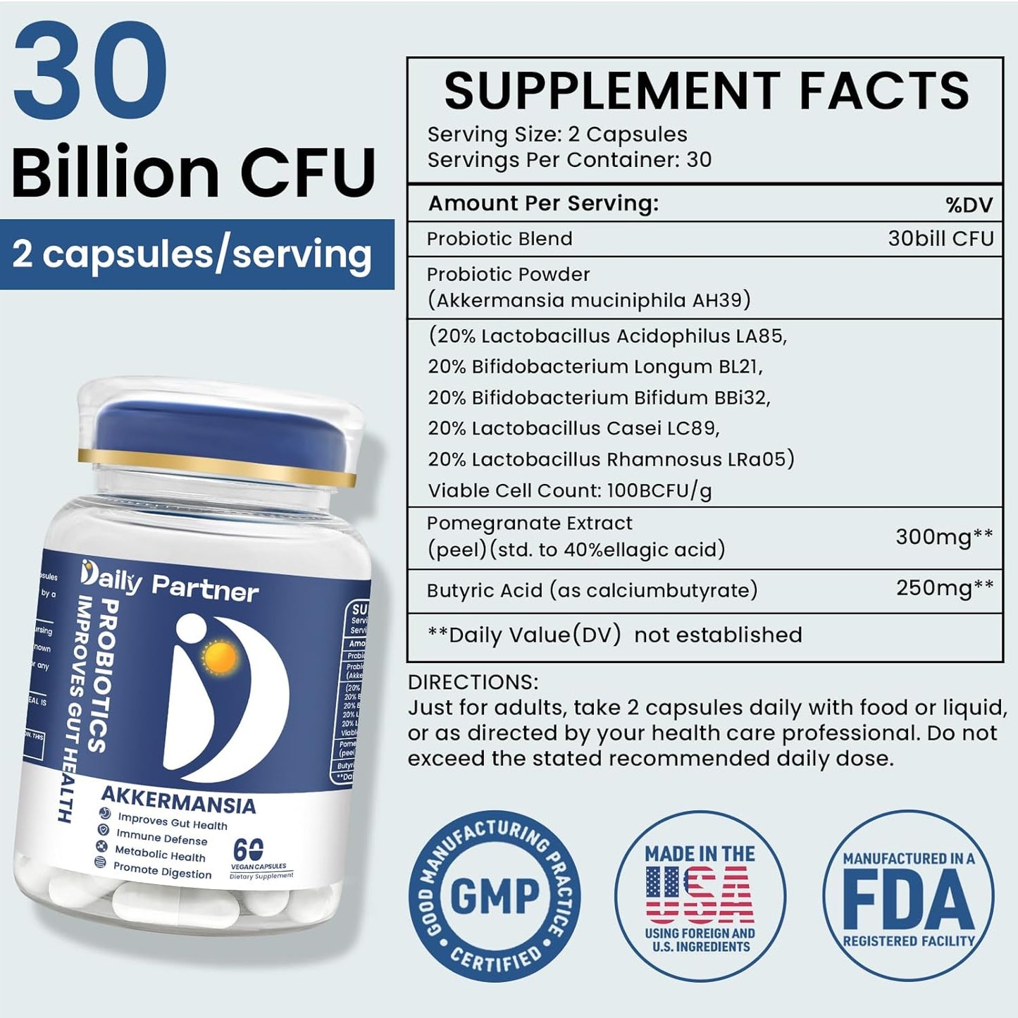 Akkermansia Probiotic with Butyrate for Digestive Health, 30 Billion CFU, 60 Count - Supports GLP-1 Production, Gut Health - Delayed Release Formula for Women & Men