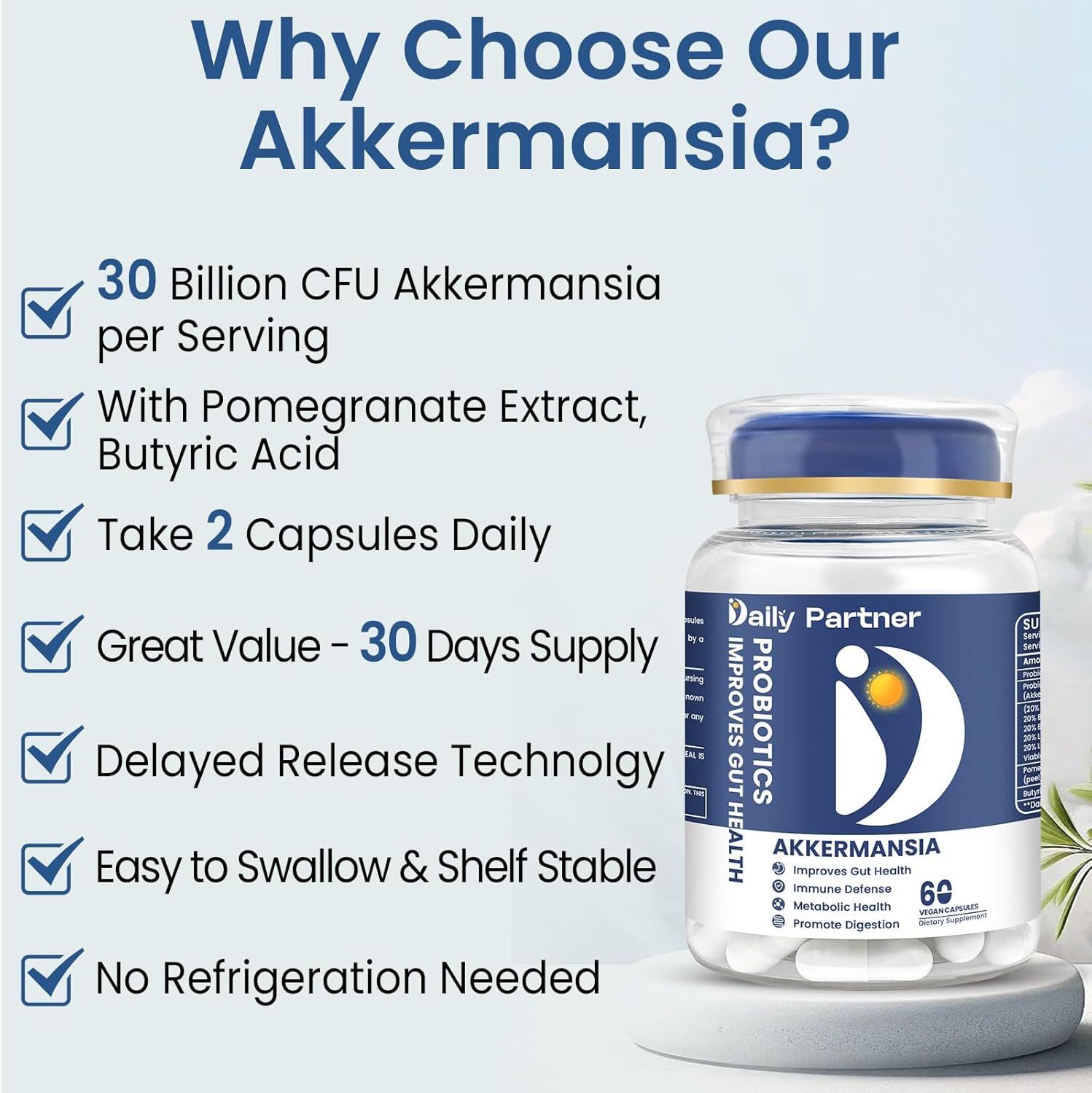 Akkermansia Probiotic with Butyrate for Digestive Health, 30 Billion CFU, 60 Count - Supports GLP-1 Production, Gut Health - Delayed Release Formula for Women & Men