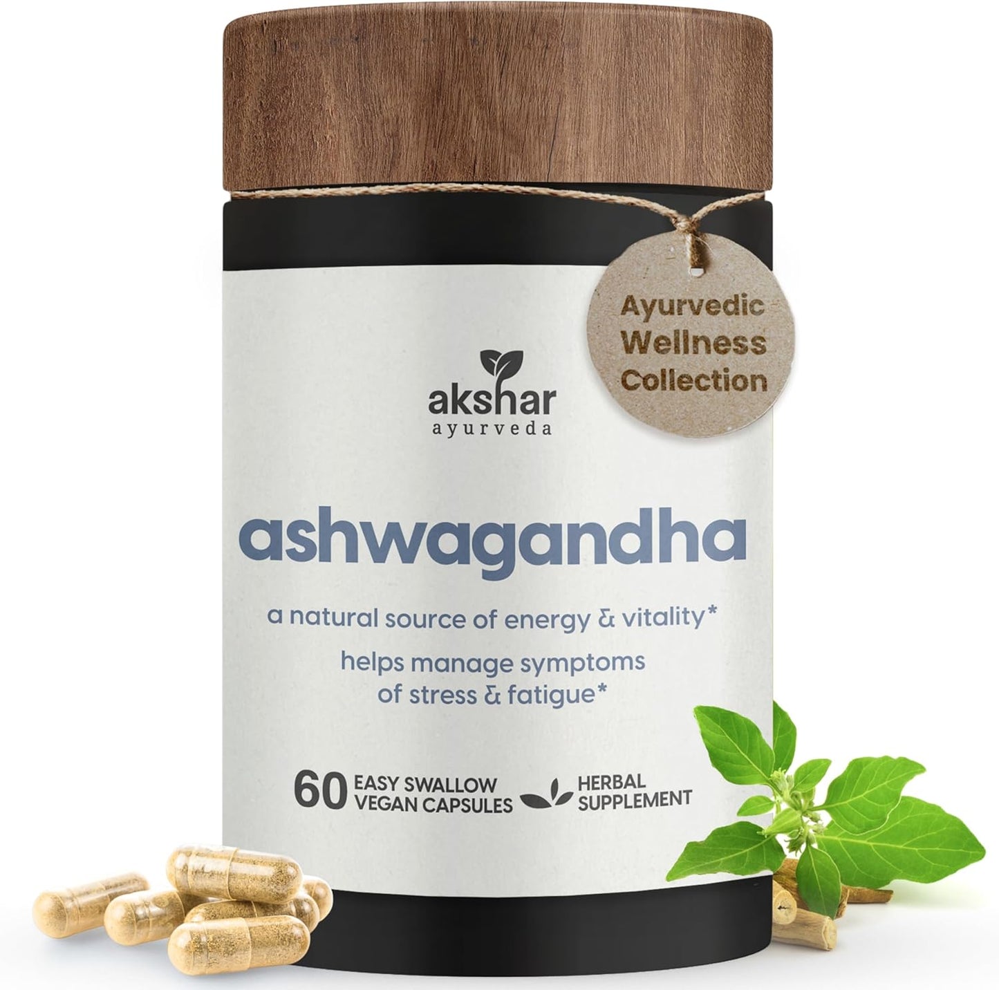 AKSHAR Ayurveda Ashwagandha Capsules - Adaptogenic Herbal Support - Vegan Ashwagandha Supplements with Root Extract and Powder (60 Count)