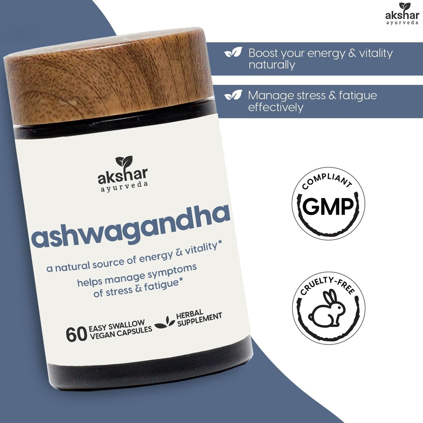 AKSHAR Ayurveda Ashwagandha Capsules - Adaptogenic Herbal Support - Vegan Ashwagandha Supplements with Root Extract and Powder (60 Count)
