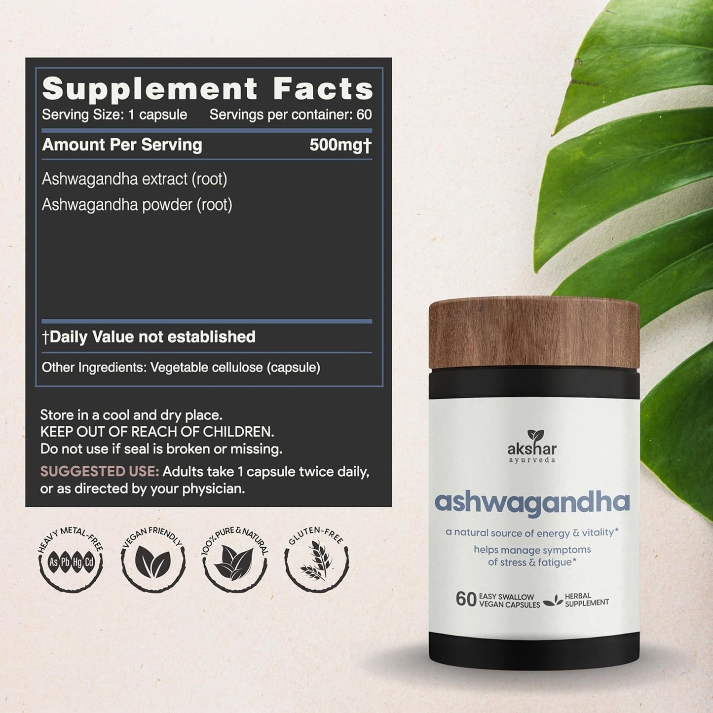 AKSHAR Ayurveda Ashwagandha Capsules - Adaptogenic Herbal Support - Vegan Ashwagandha Supplements with Root Extract and Powder (60 Count)