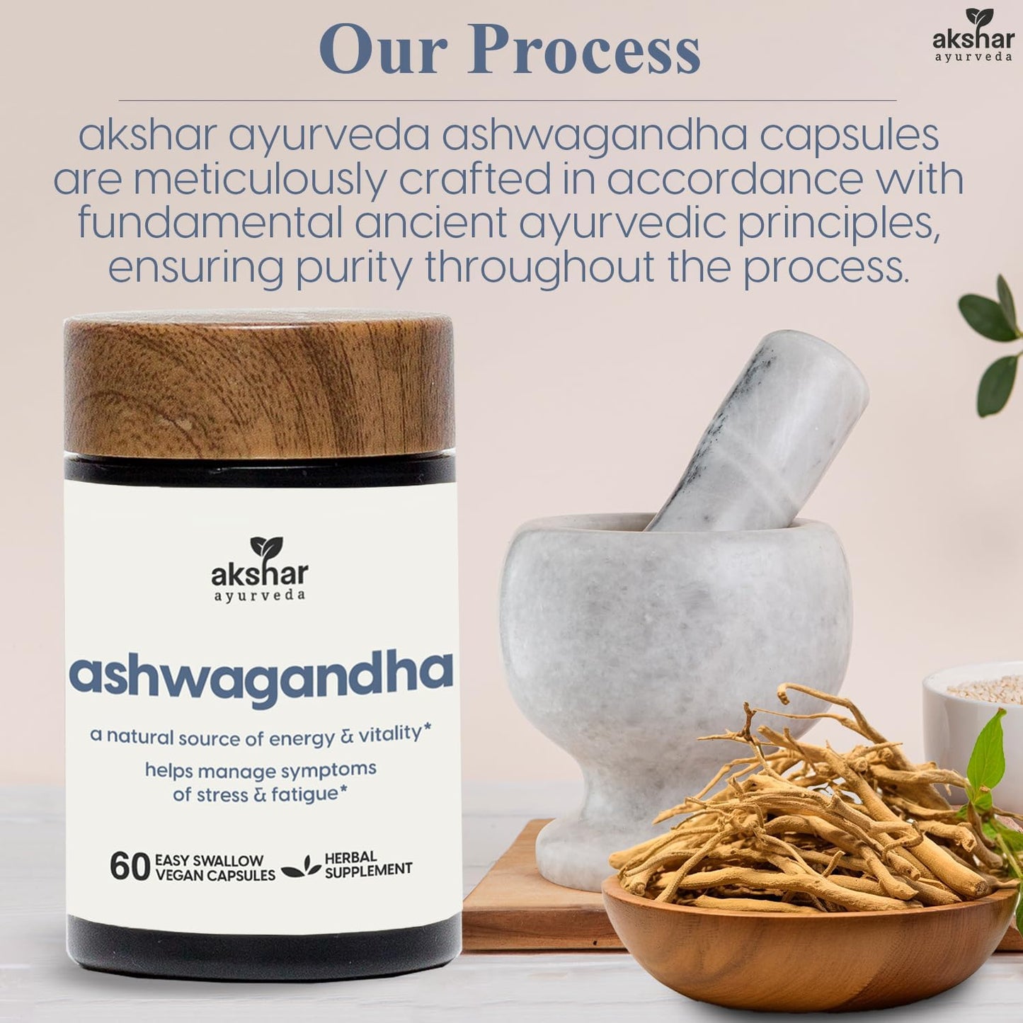 AKSHAR Ayurveda Ashwagandha Capsules - Adaptogenic Herbal Support - Vegan Ashwagandha Supplements with Root Extract and Powder (60 Count)
