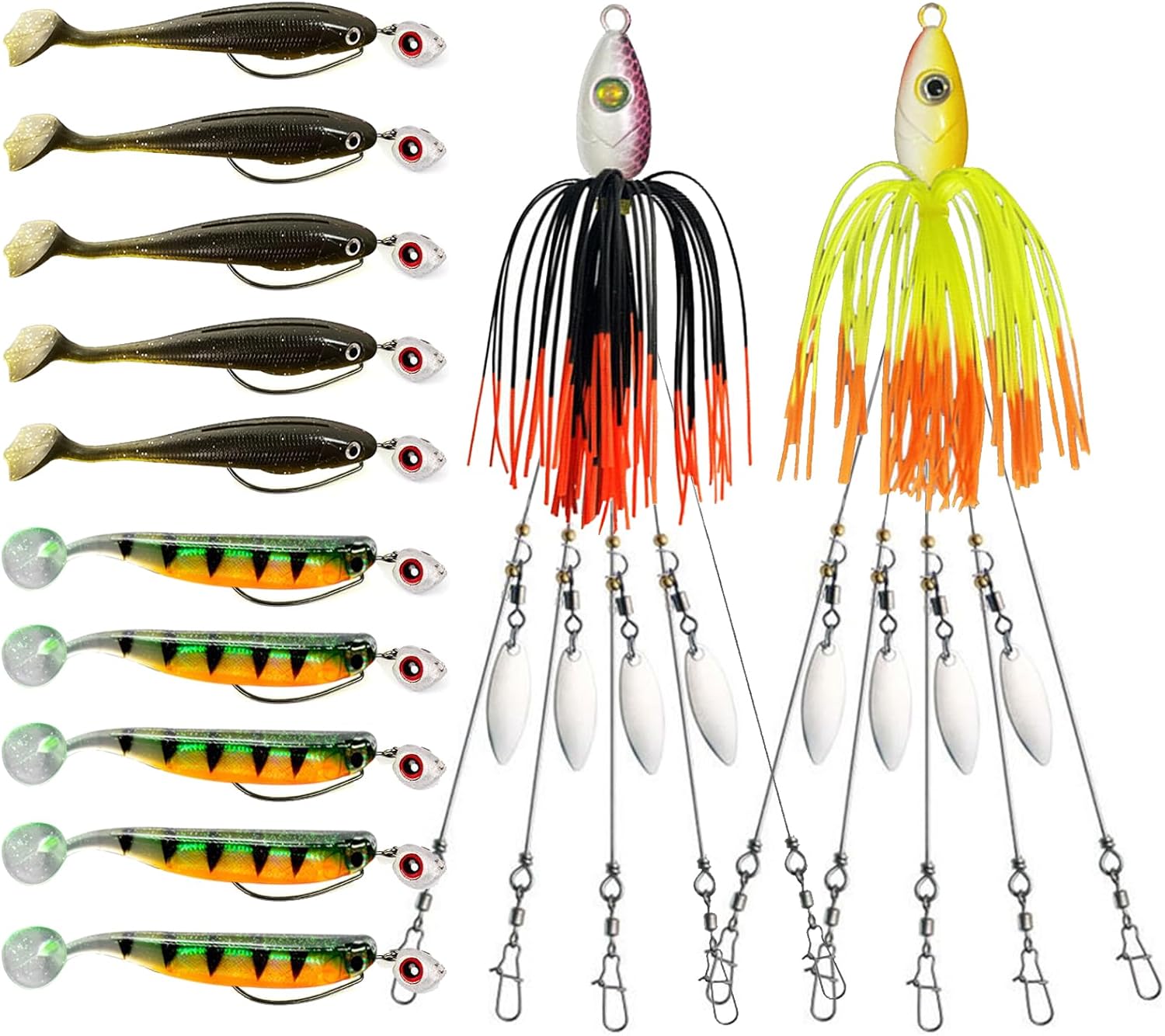Alabama Rig Fishing Lure Kit with Jig Heads and Trailers - 2 Sets, 5 Arms Umbrella Rigs Swimbait Lure for Trout, Salmon, Bass
