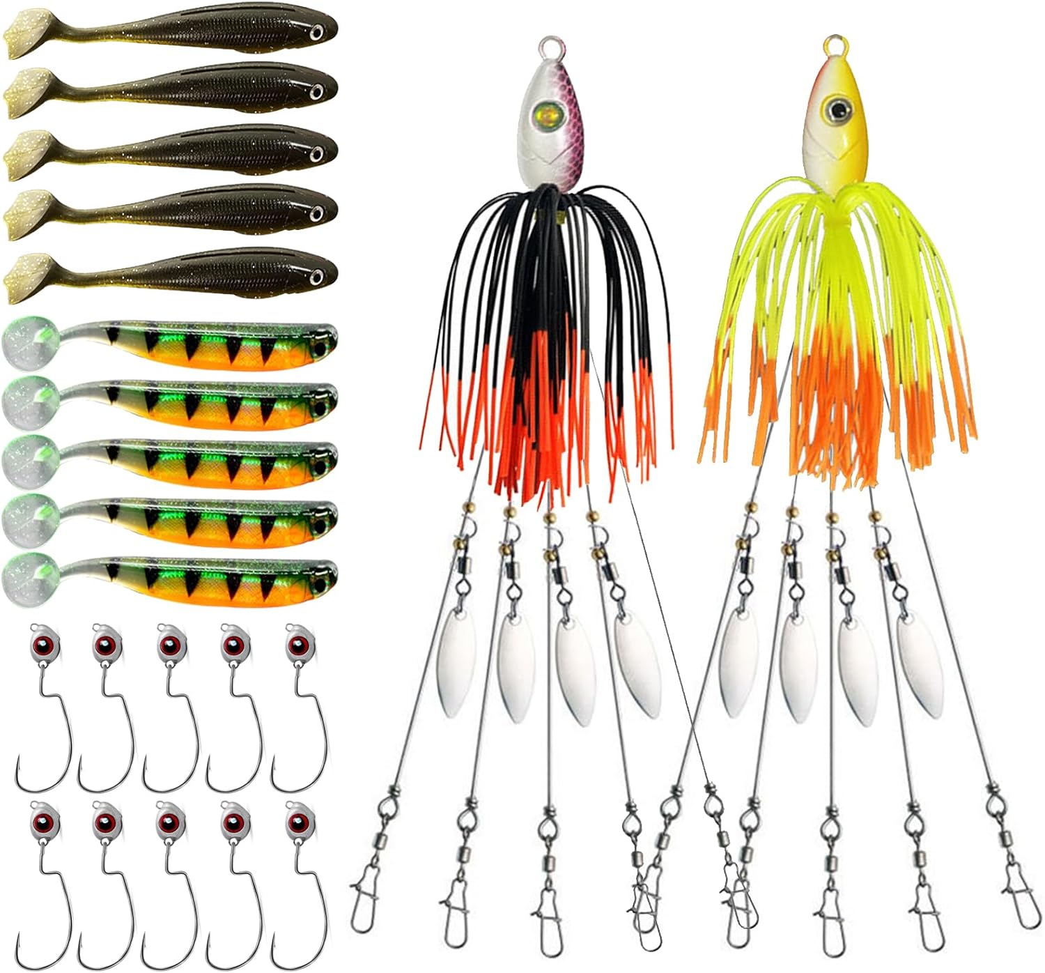 Alabama Rig Fishing Lure Kit with Jig Heads and Trailers - 2 Sets, 5 Arms Umbrella Rigs Swimbait Lure for Trout, Salmon, Bass