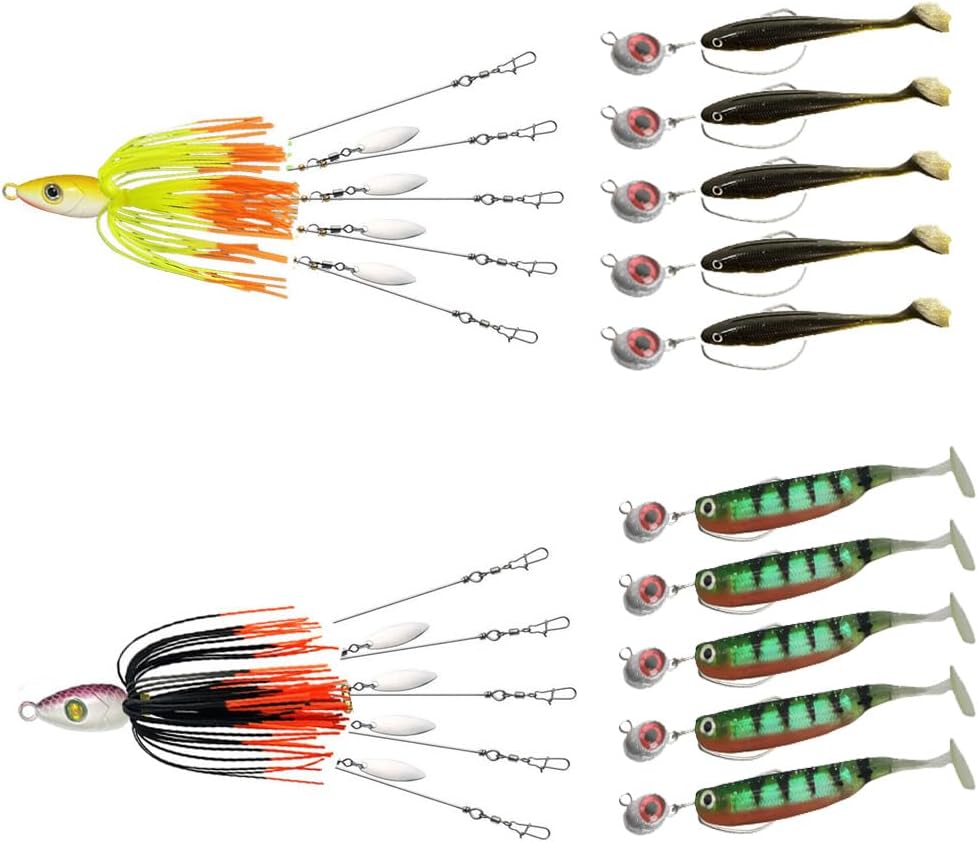 Alabama Rig Fishing Lure Kit with Jig Heads and Trailers - 2 Sets, 5 Arms Umbrella Rigs Swimbait Lure for Trout, Salmon, Bass
