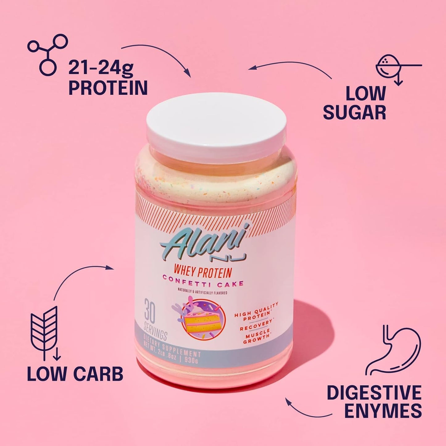 Alani Nu Confetti Cake Whey Protein Powder: Low Sugar, Digestive Enzymes, 23g Protein | Meal Replacement | Low Fat Low Carb Blend | 30 Servings