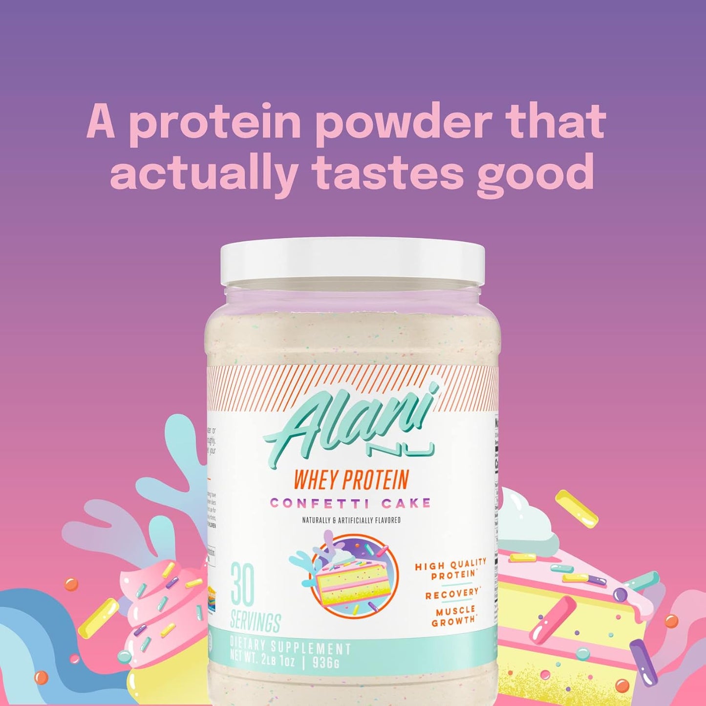 Alani Nu Confetti Cake Whey Protein Powder: Low Sugar, Digestive Enzymes, 23g Protein | Meal Replacement | Low Fat Low Carb Blend | 30 Servings
