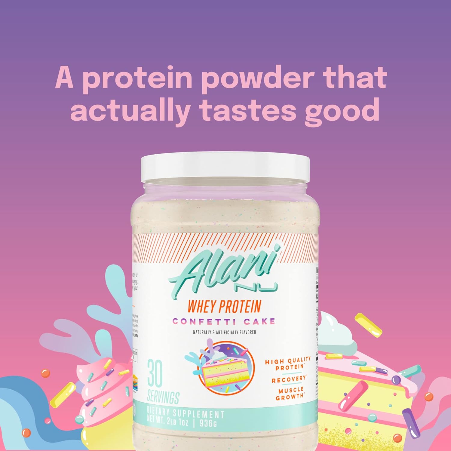 Alani Nu Confetti Cake Whey Protein Powder: Low Sugar, Digestive Enzymes, 23g Protein | Meal Replacement | Low Fat Low Carb Blend | 30 Servings