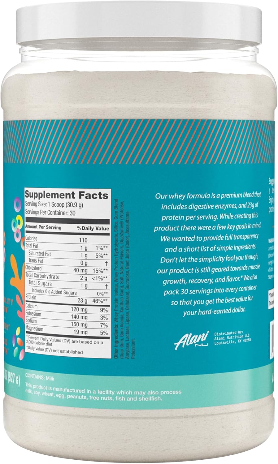 Alani Nu Fruity Cereal Whey Protein Powder: 23g Protein, Low Sugar, Digestive Enzymes, Meal Replacement - 30 Servings