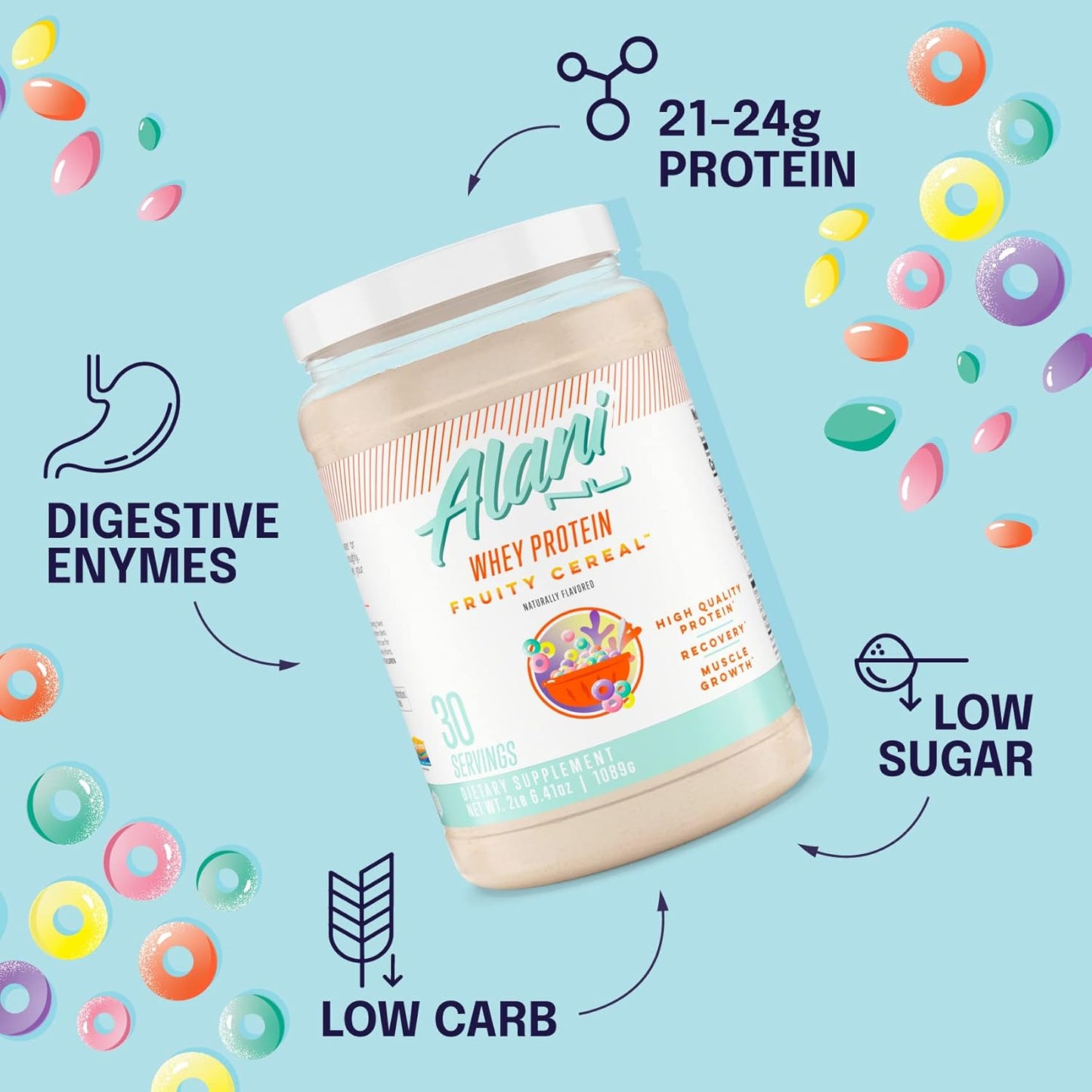 Alani Nu Fruity Cereal Whey Protein Powder: 23g Protein, Low Sugar, Digestive Enzymes, Meal Replacement - 30 Servings