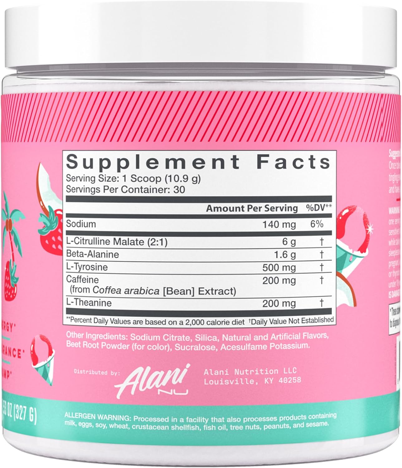 Alani Nu Hawaiian Shaved Ice Pre Workout Powder - Sugar Free Energy Boost Supplement with Caffeine, Amino Acids - 30 Servings