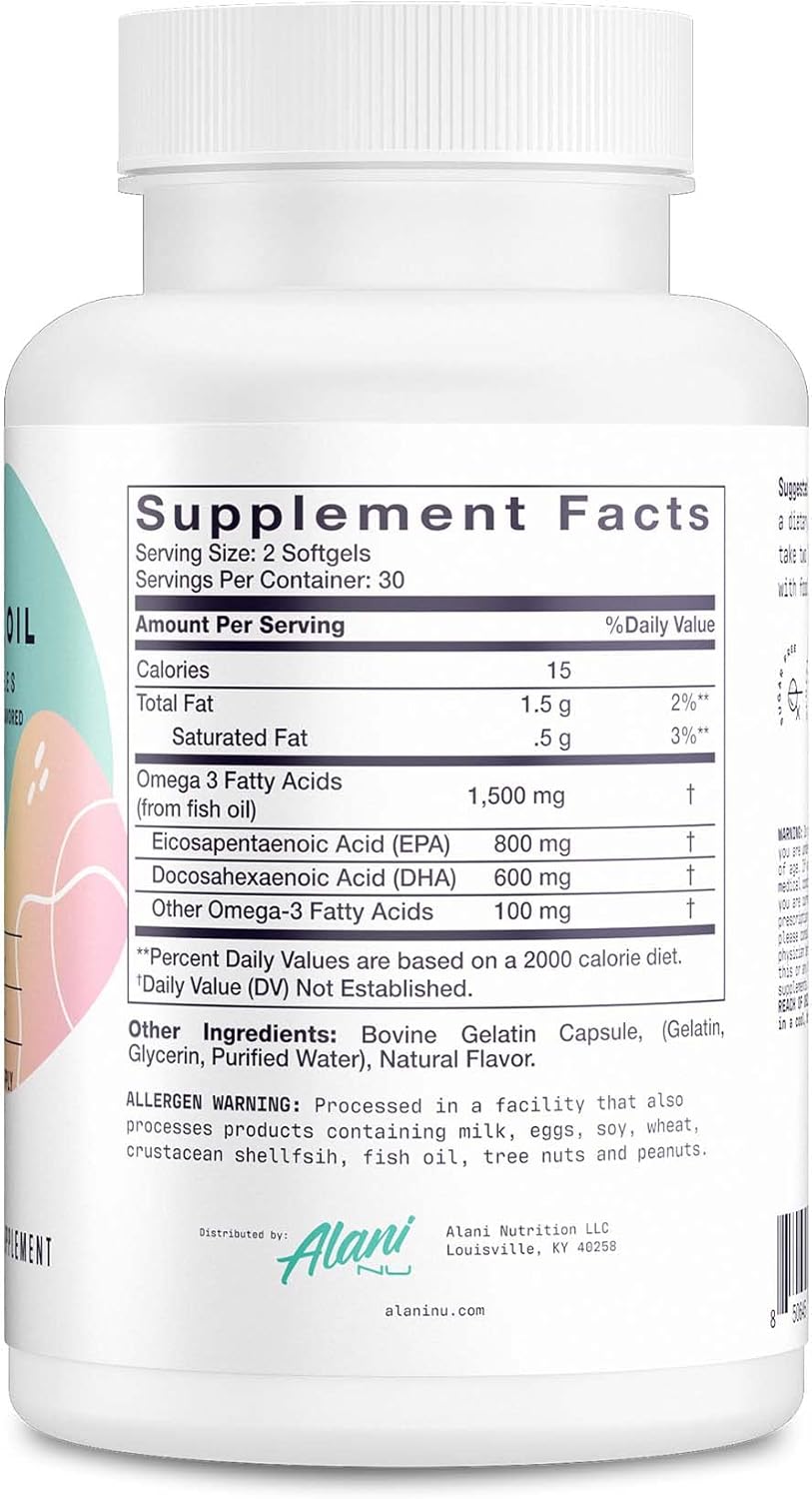 Alani Nu Omega 3 Fish Oil Softgels - 1500MG, 800mg EPA, 600mg DHA, Gluten-Free - 60 Count