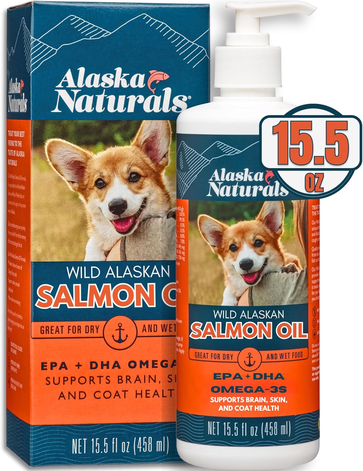 Alaska Naturals Wild Alaskan Salmon Fish Oil Supplement for Dogs Skin and Coat - Liquid Food Topper with EPA DHA Omega 3 Fatty Acids - 15.5 oz. Pump