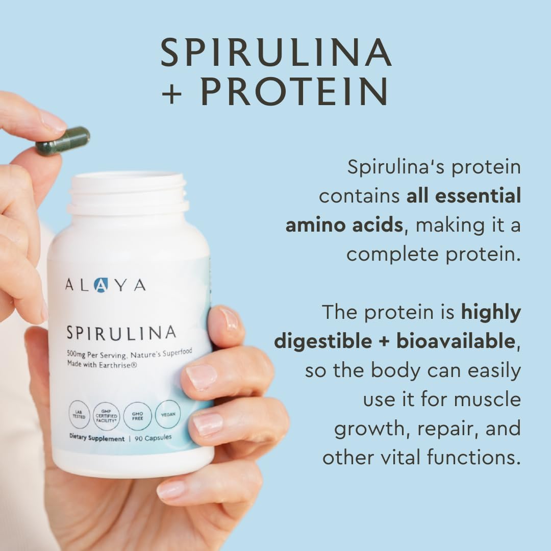 Alaya Naturals Earthrise Spirulina Capsules - Non-GMO Vegan Superfood - 500mg, 90 Ct
