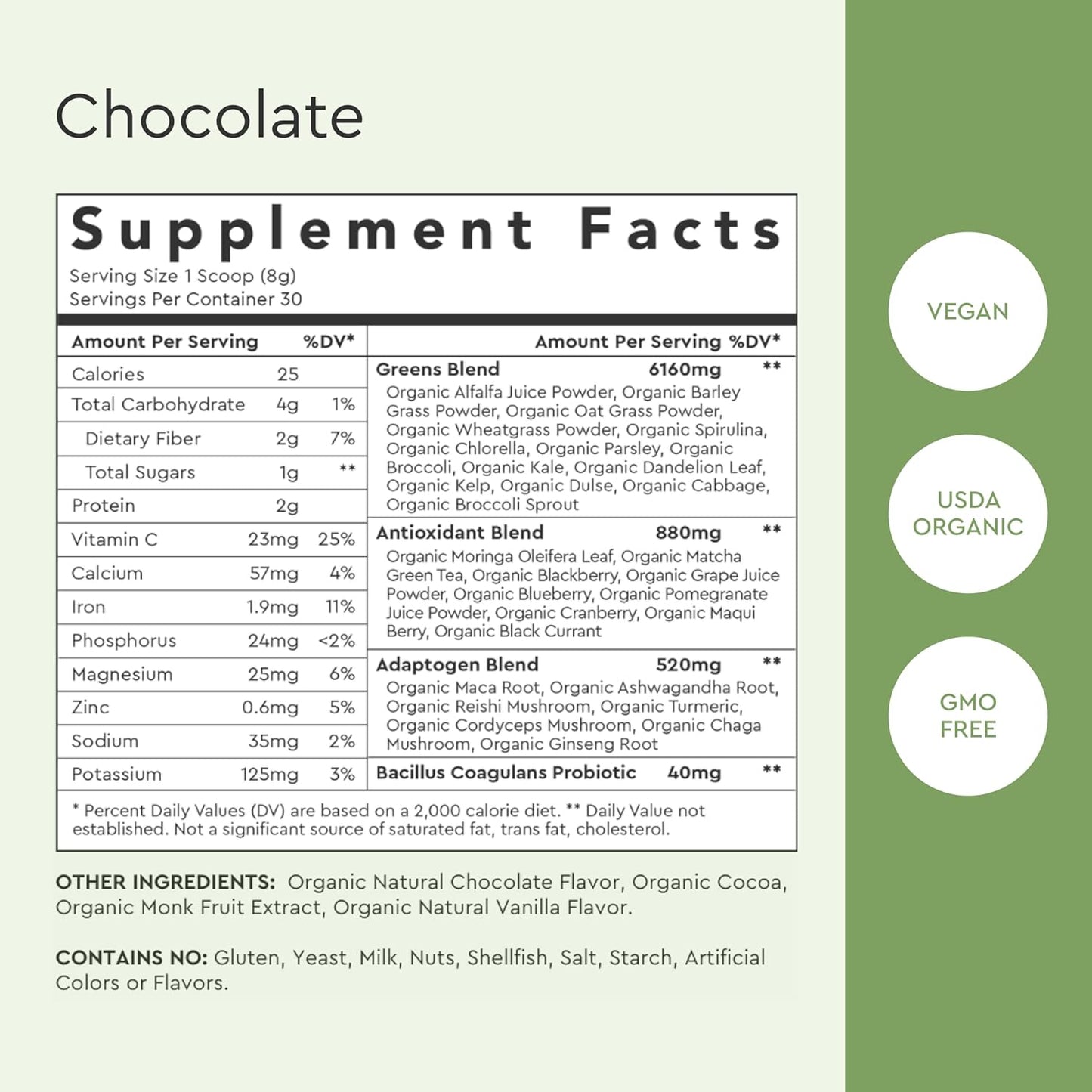 Alaya Naturals Organic Super Greens Powder - Premium Green Juice Superfood Supplement with Adaptogens, Antioxidants, Probiotics - USDA Organic, Non-GMO, Vegan - 30 Servings (Chocolate)