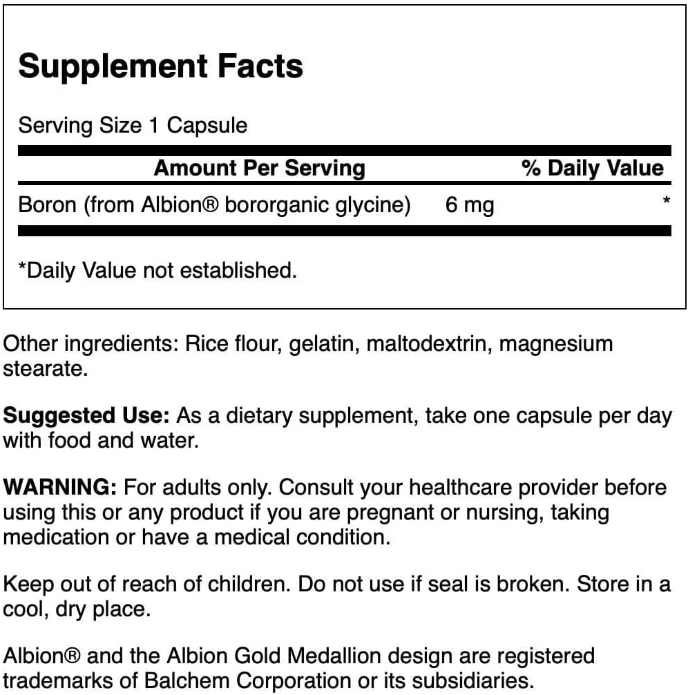 Albion Boron Glycinate Supplement for Joint & Bone Health - High Absorption Formula for Overall Balance - 60 Capsules, 6mg