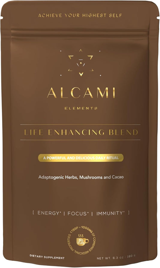 Alcami Elements Cacao Mushroom Powder - Advanced Supplement for Calm, Focus, and Imm-une Support - All-Natural 6.3oz Formula with 9 Potent Ingredients