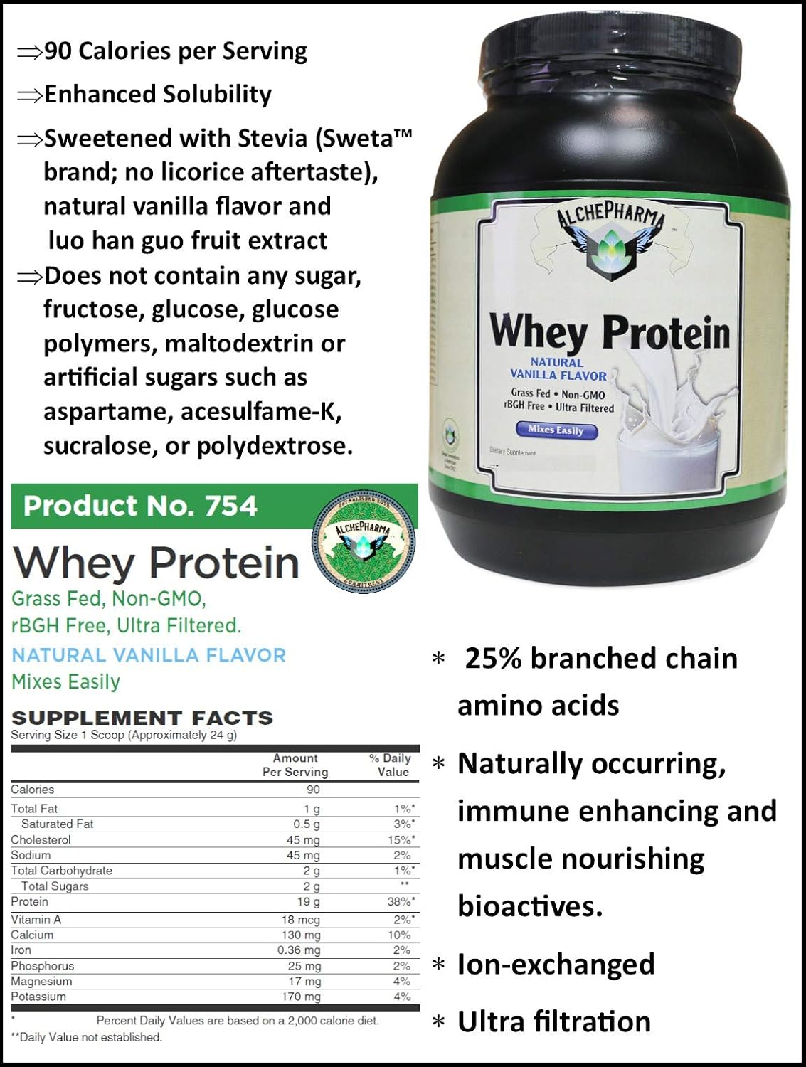 AlchePharma AP Vanilla Grass Fed Whey Protein: High Quality with PER 3.2, BV 100, PDCAAS 1.0 - 32 oz.
