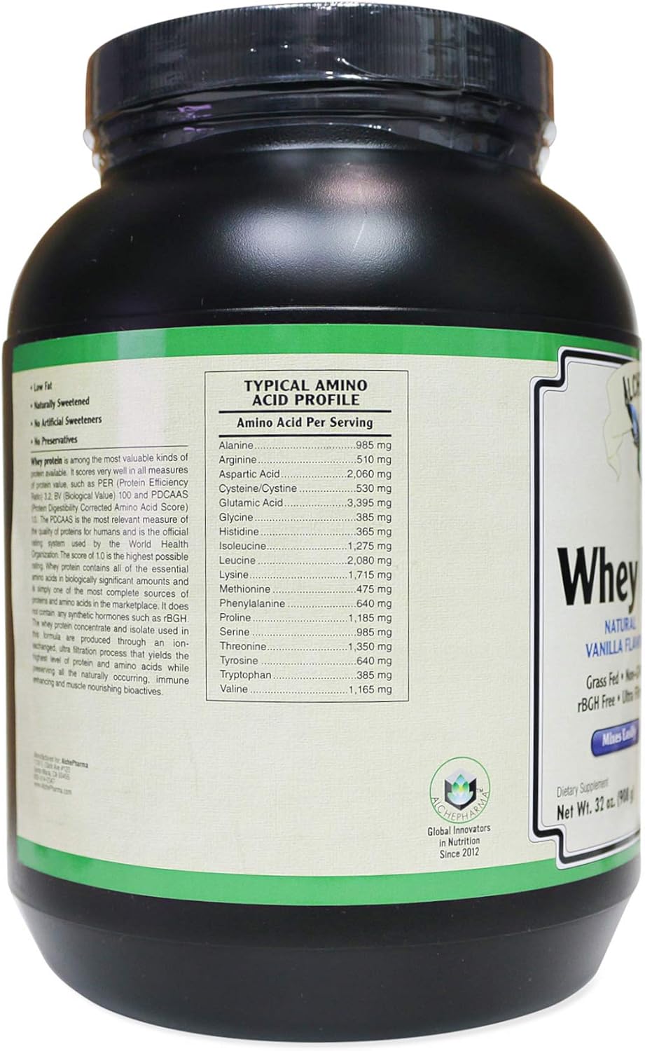 AlchePharma AP Vanilla Grass Fed Whey Protein: High Quality with PER 3.2, BV 100, PDCAAS 1.0 - 32 oz.