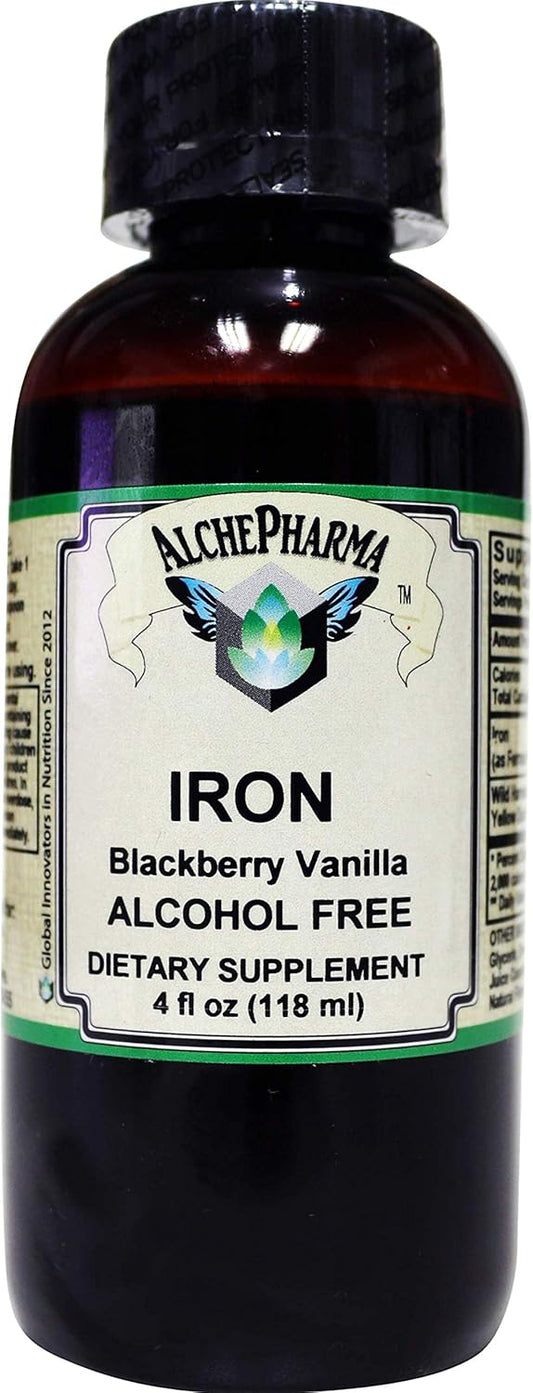 AlchePharma Iron Liquid Supplement - High Absorption Ferrous Bisglycinate Chelate - BlackBerry Vanilla Flavor - 4 fl oz - 24 Servings