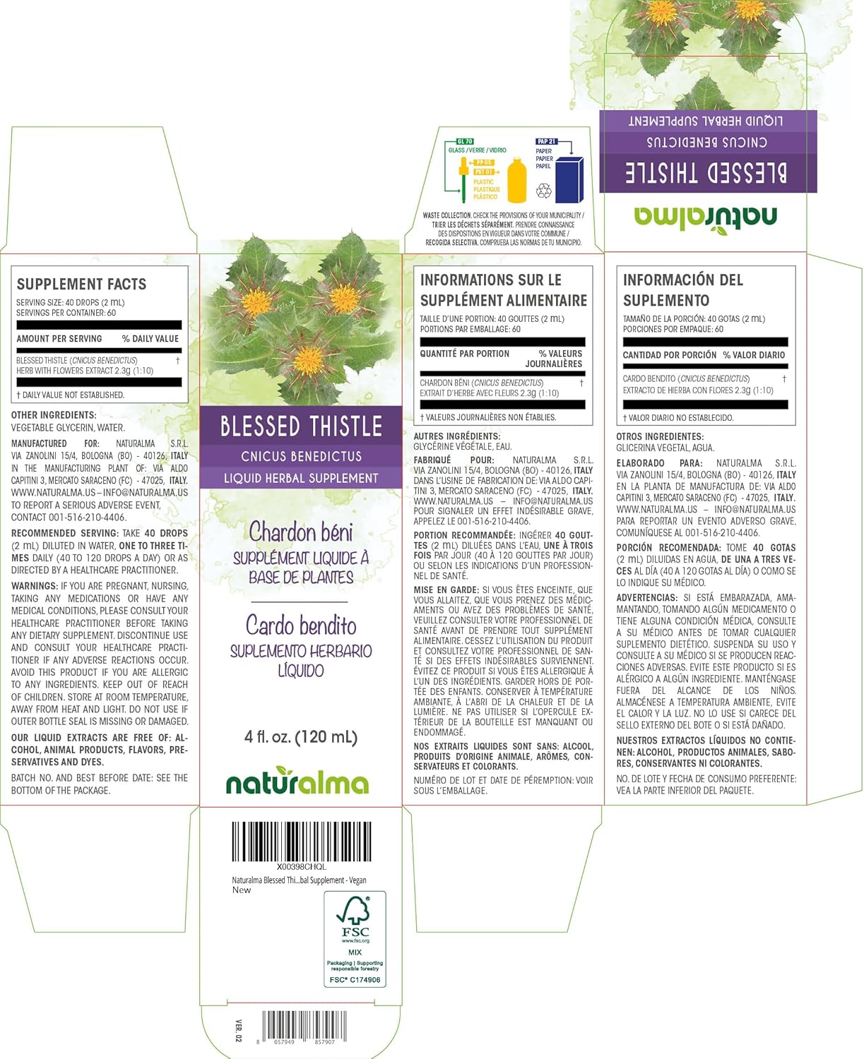 Alcohol-Free Blessed Thistle Herb Tincture - 4 fl oz Liquid Extract Drops - Vegan Herbal Supplement