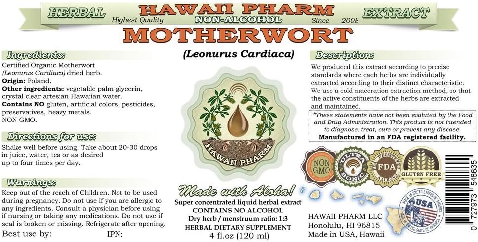 Alcohol-Free Motherwort Liquid Extract - 2 oz Glycerite Herbal Supplement by Hawaii Pharm USA