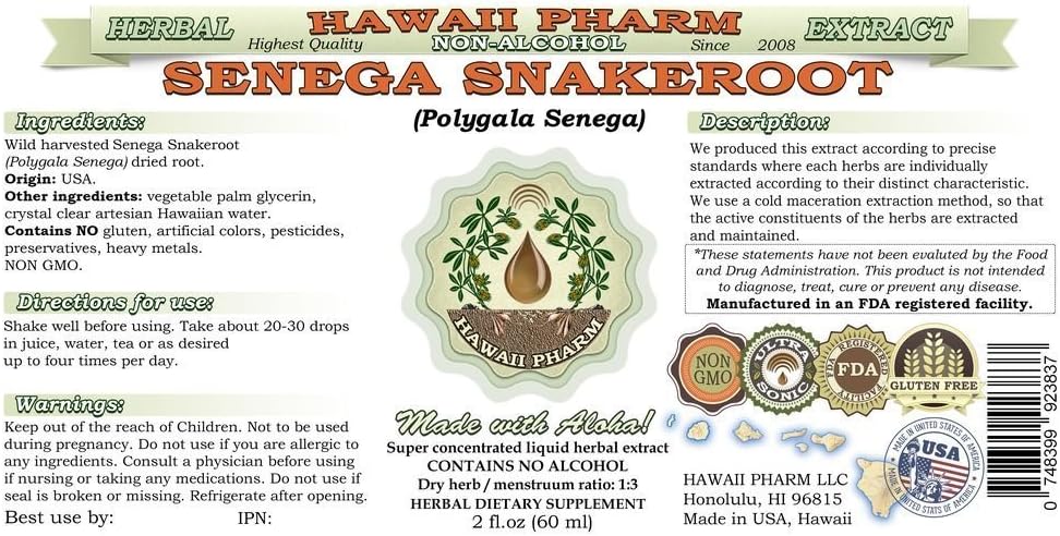 Alcohol-Free Senega Snakeroot Liquid Extract - 2 fl.oz by Hawaii Pharm, USA