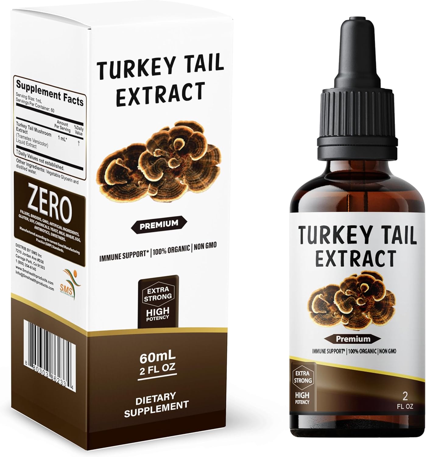 Alcohol-Free Turkey Tail Mushroom Drops | Herbal Supplement | Vegan | 2 fl oz Liquid Extract | SMSHEALTHPRODUCTS.com