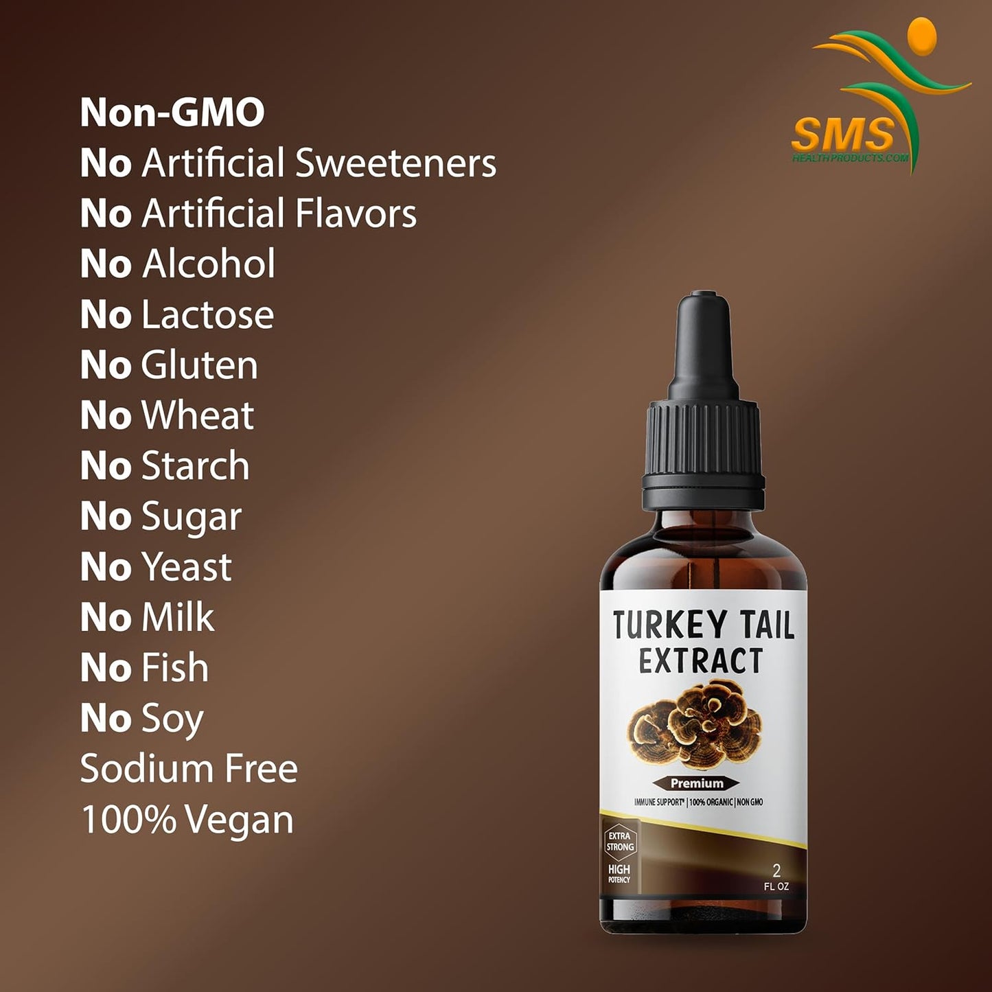 Alcohol-Free Turkey Tail Mushroom Drops | Herbal Supplement | Vegan | 2 fl oz Liquid Extract | SMSHEALTHPRODUCTS.com