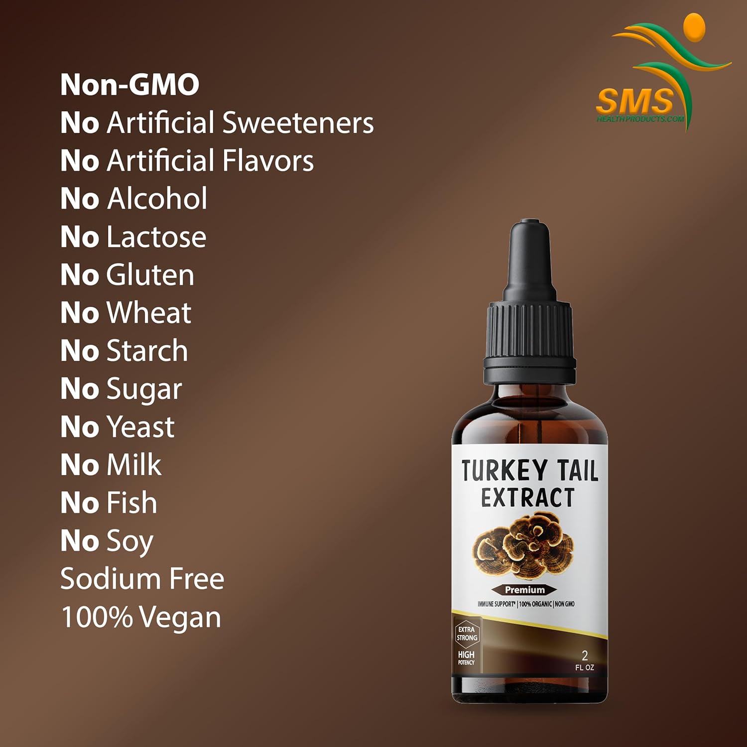 Alcohol-Free Turkey Tail Mushroom Drops | Herbal Supplement | Vegan | 2 fl oz Liquid Extract | SMSHEALTHPRODUCTS.com