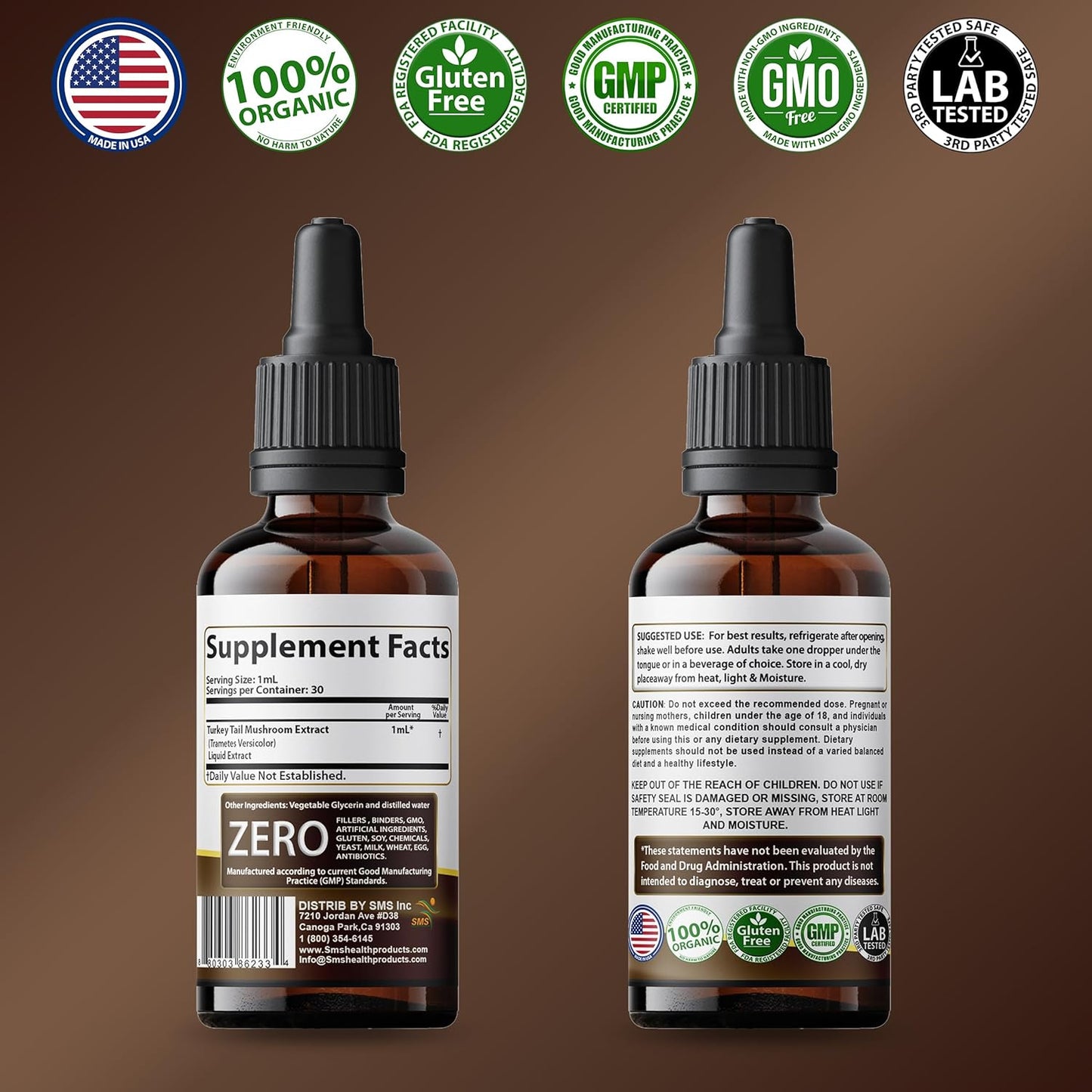Alcohol-Free Turkey Tail Mushroom Drops | Herbal Supplement | Vegan | 2 fl oz Liquid Extract | SMSHEALTHPRODUCTS.com