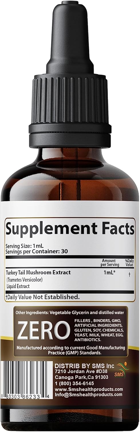 Alcohol-Free Turkey Tail Mushroom Drops | Herbal Supplement | Vegan | 2 fl oz Liquid Extract | SMSHEALTHPRODUCTS.com