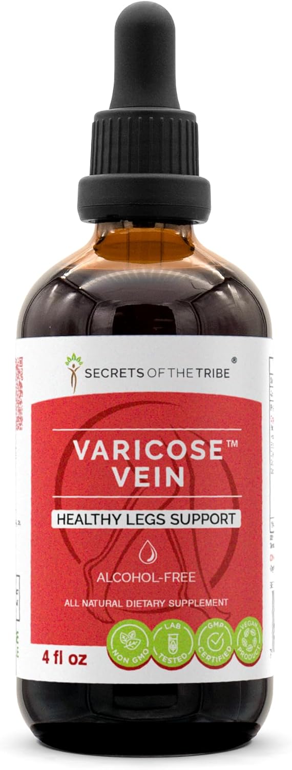 Alcohol-Free Varicose Vein Herbal Extract Tincture with Butcher's Broom, Horse Chestnut, Bilberry, Cayenne, Gotu Kola, Grape - Healthy Leg Support (4 FL OZ)