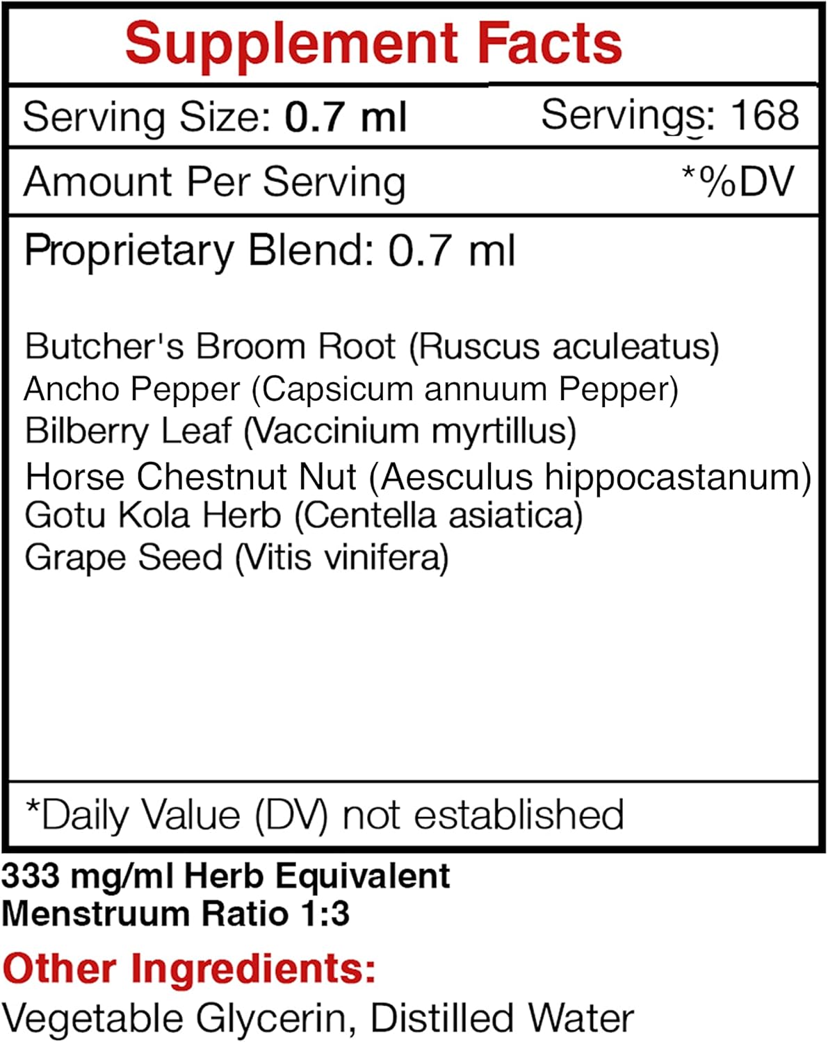 Alcohol-Free Varicose Vein Herbal Extract Tincture with Butcher's Broom, Horse Chestnut, Bilberry, Cayenne, Gotu Kola, Grape - Healthy Leg Support (4 FL OZ)