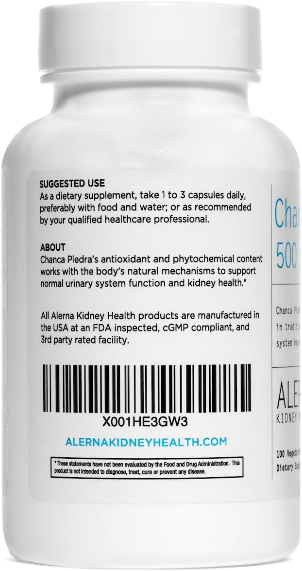 Alerna Kidney Health Chanca Piedra 500 mg - Natural Kidney Stone Crusher and Gallbladder Support - 100 Vegetarian Capsules