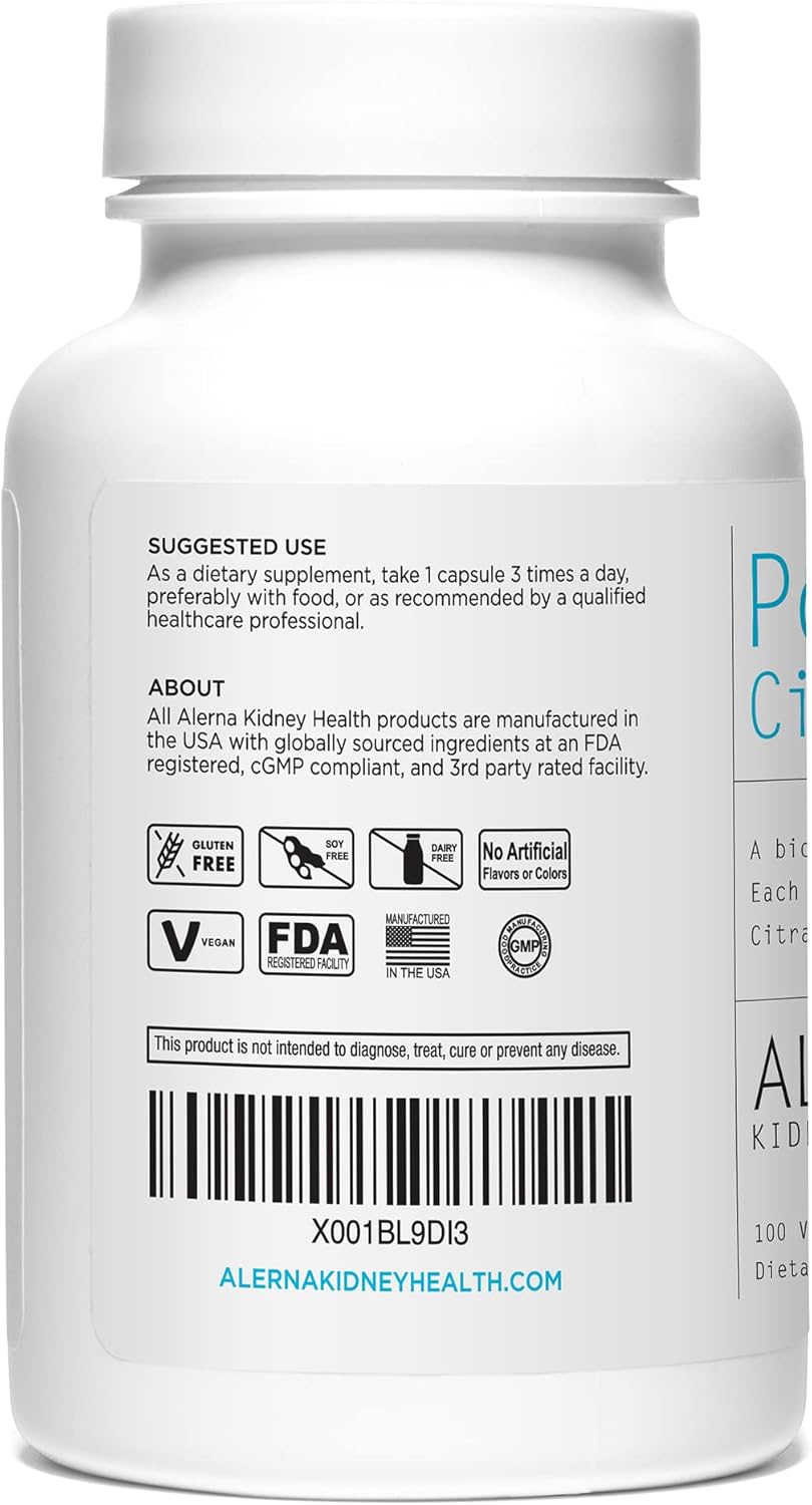 Alerna Kidney Health Potassium Citrate Capsules - Promotes Electrolyte Balance and Normal pH - 99mg Essential Mineral - 100 Vegetarian Capsules