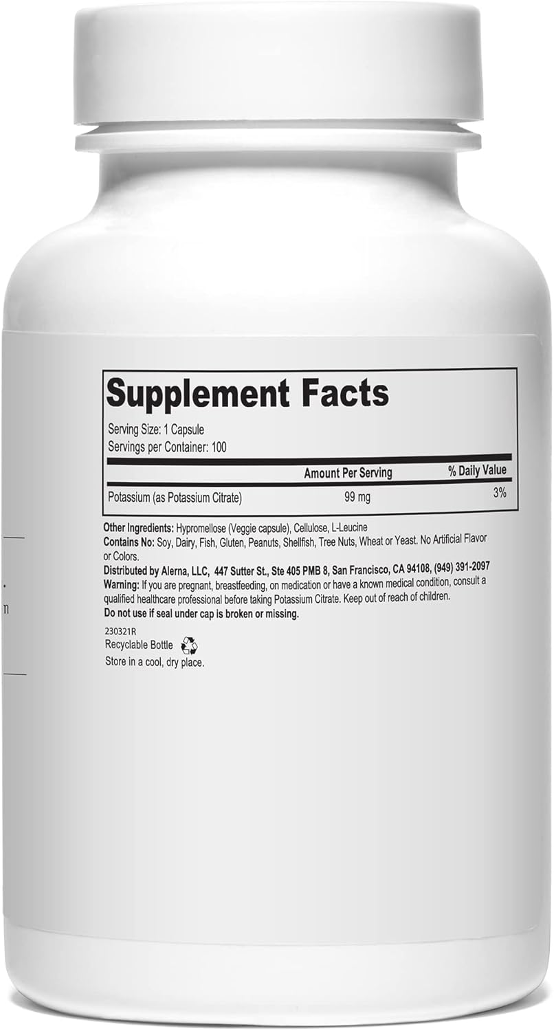 Alerna Kidney Health Potassium Citrate Capsules - Promotes Electrolyte Balance and Normal pH - 99mg Essential Mineral - 100 Vegetarian Capsules