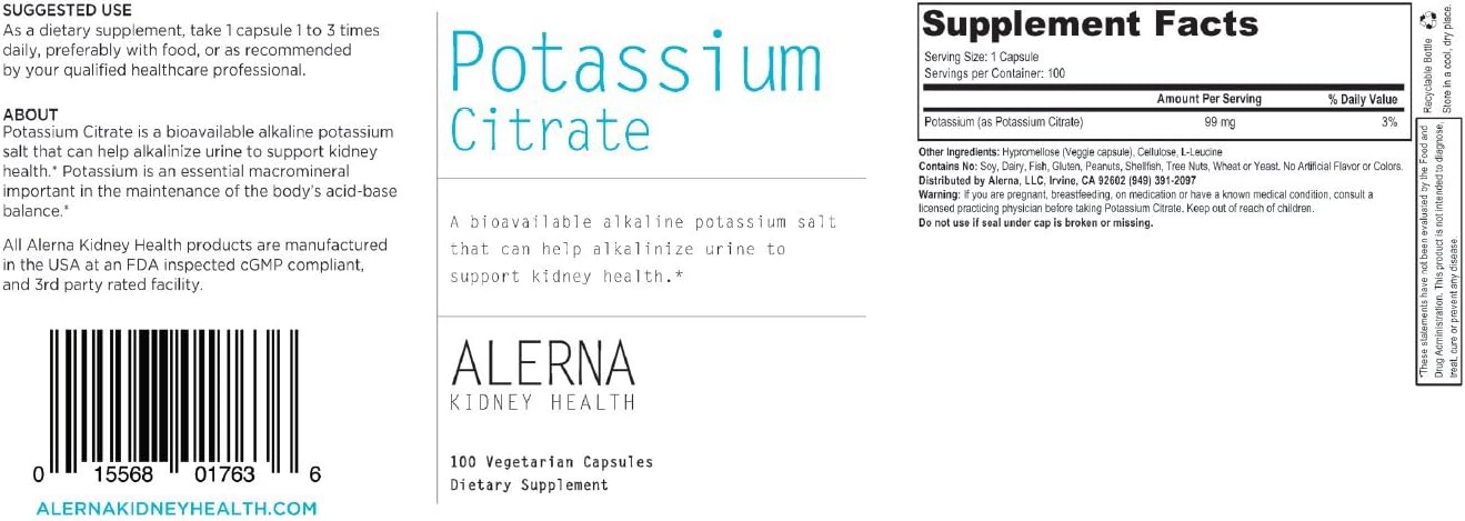 Alerna Kidney Health Potassium Citrate Capsules - Promotes Electrolyte Balance and Normal pH - 99mg Essential Mineral - 100 Vegetarian Capsules