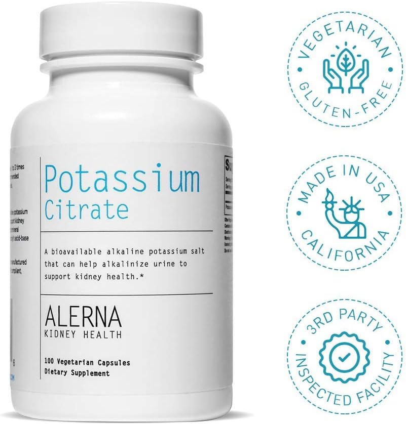 Alerna Kidney Health Potassium Citrate Capsules - Promotes Electrolyte Balance and Normal pH - 99mg Essential Mineral - 100 Vegetarian Capsules