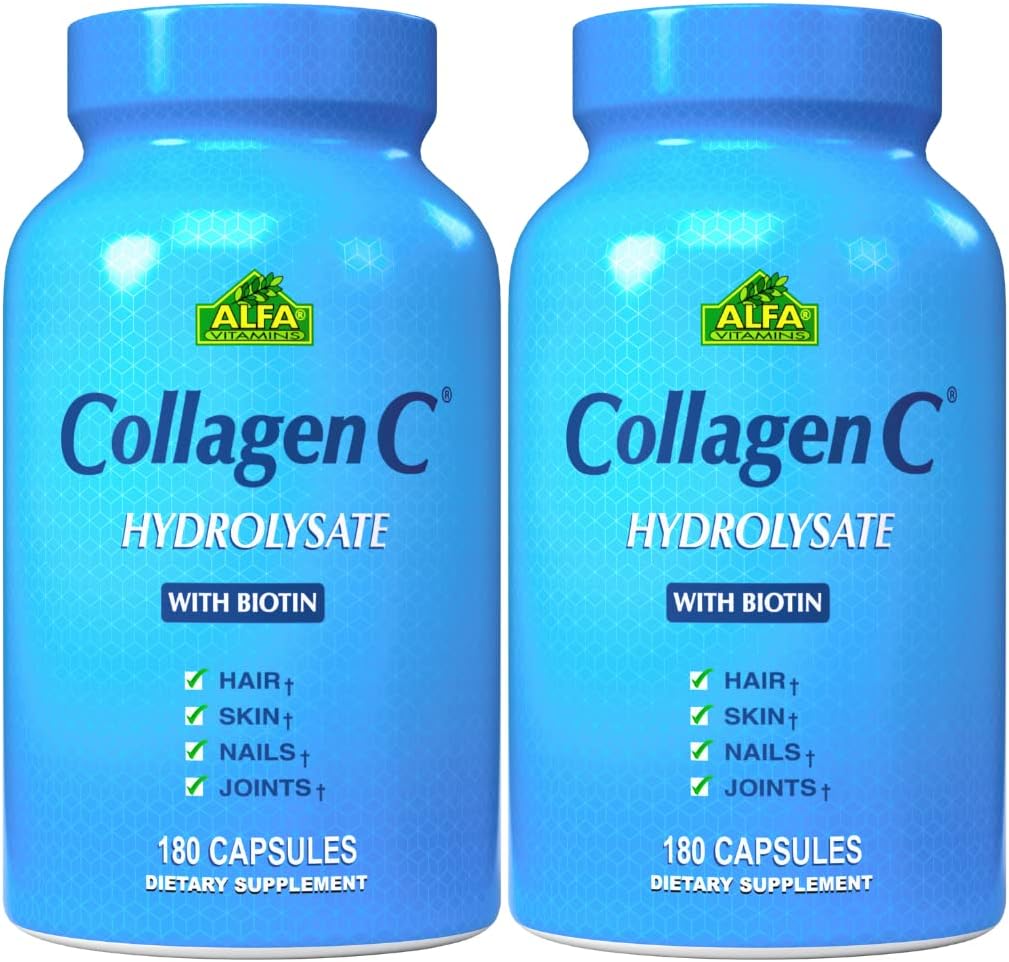 ALFA VITAMINS CollagenC Capsules - Anti-Aging Supplement for Skin, Nails, Hair, Bones & Muscles - 180 Capsules x 2 Pack