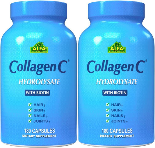 ALFA VITAMINS CollagenC Capsules - Anti-Aging Supplement for Skin, Nails, Hair, Bones & Muscles - 180 Capsules x 2 Pack