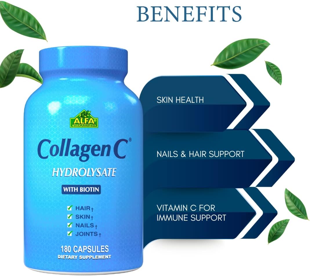 ALFA VITAMINS CollagenC Capsules - Anti-Aging Supplement for Skin, Nails, Hair, Bones & Muscles - 180 Capsules x 2 Pack