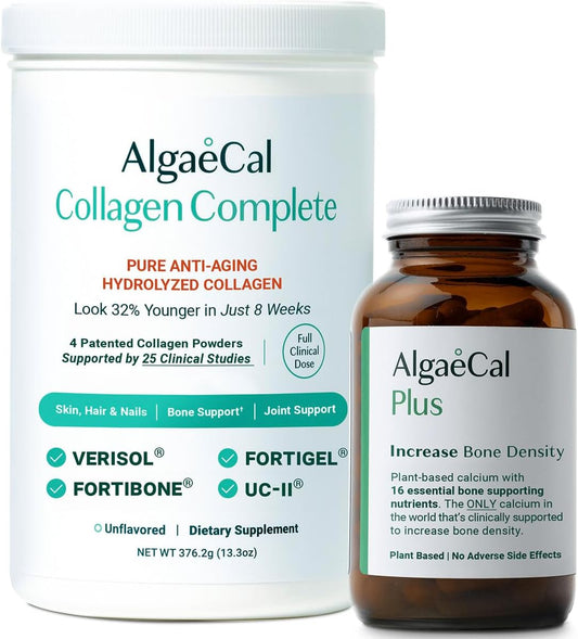 AlgaeCal Calcium and Collagen Bundle with Hydrolyzed Collagen, Vitamin D3, K2, Magnesium, and Trace Minerals for Bone Health and Anti-Aging