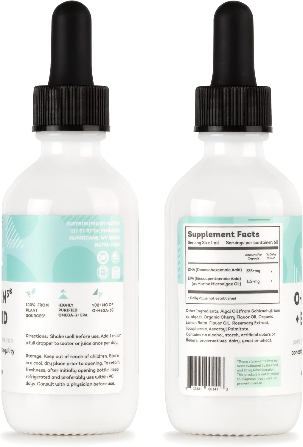 Algal Omega-3 Liquid Supplement with DHA and EPA - Vegan Essential Fatty Acids - 2 Fl Oz