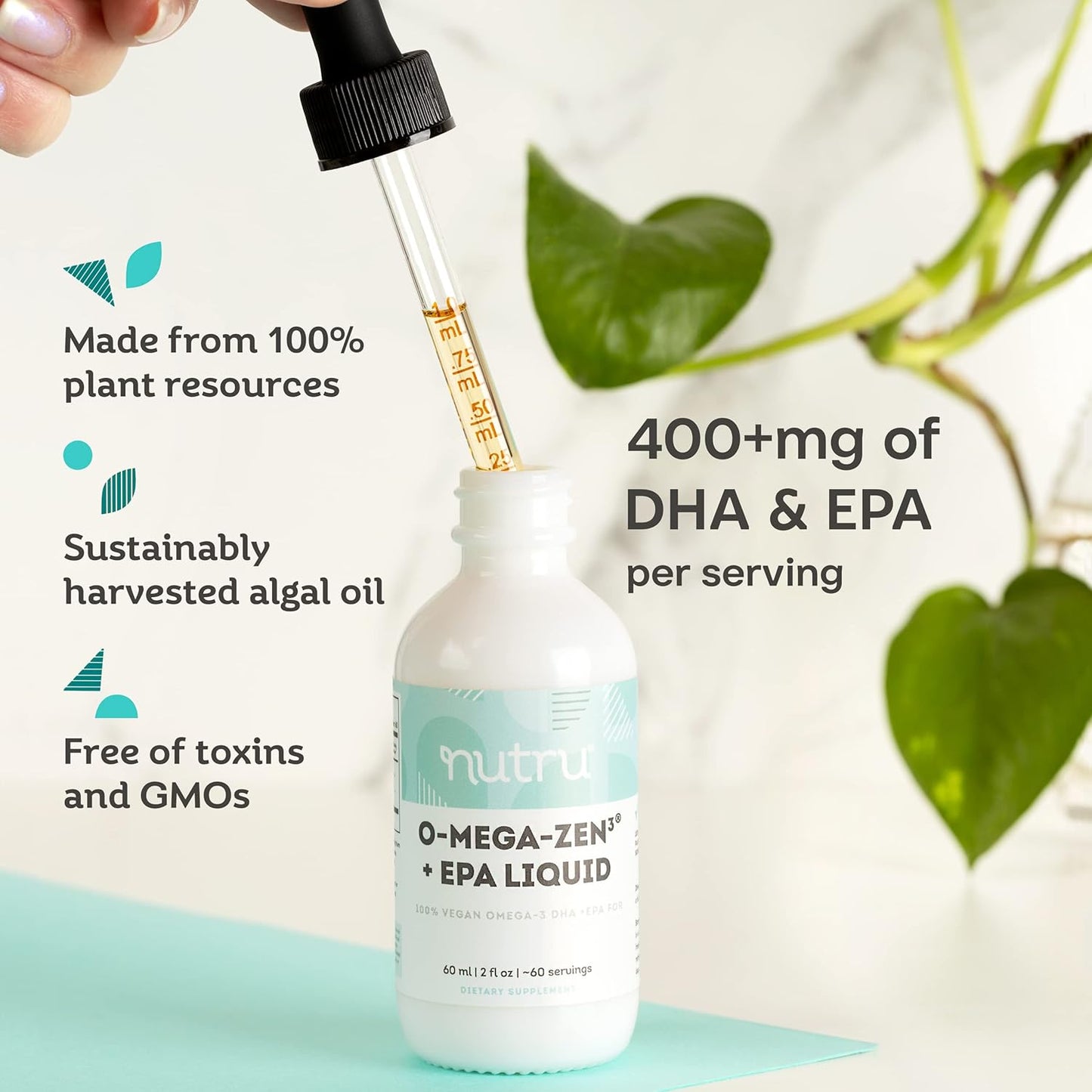 Algal Omega-3 Liquid Supplement with DHA and EPA - Vegan Essential Fatty Acids - 2 Fl Oz
