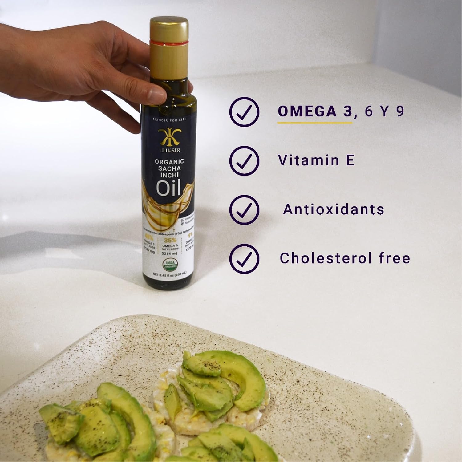ALIKSIR Organic Sacha Inchi Oil - Extra Virgin, High Omega Fatty Acids, Cold Pressed with Vitamin E for Hair, Nails, and Skin